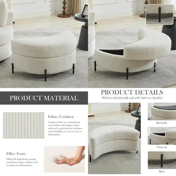Half-Moon Upholstered Storage Ottoman by Aoiy & Wifon, Corduroy Ivory, without Lumbar Pillow