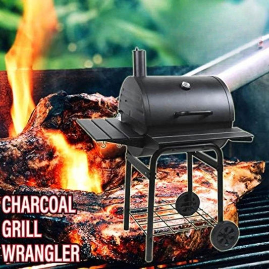 Charcoal Grill in Black with Metal Shelves EasyDump Ash Pan Wood Side Shelves Utensil Hooks 640 Square Inches Cooking - Loft&Timber