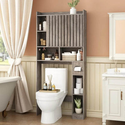 elegant toilet-mounted storage cabinet with fluted doors, adjustable shelf, and tissue holder