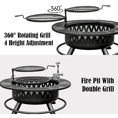 42 Inch Fire Pit with 2 Grills, Large Outdoor Firepits for Outside, Wood Burning Fireplace, 3-in-1 Ro - Loft&Timber