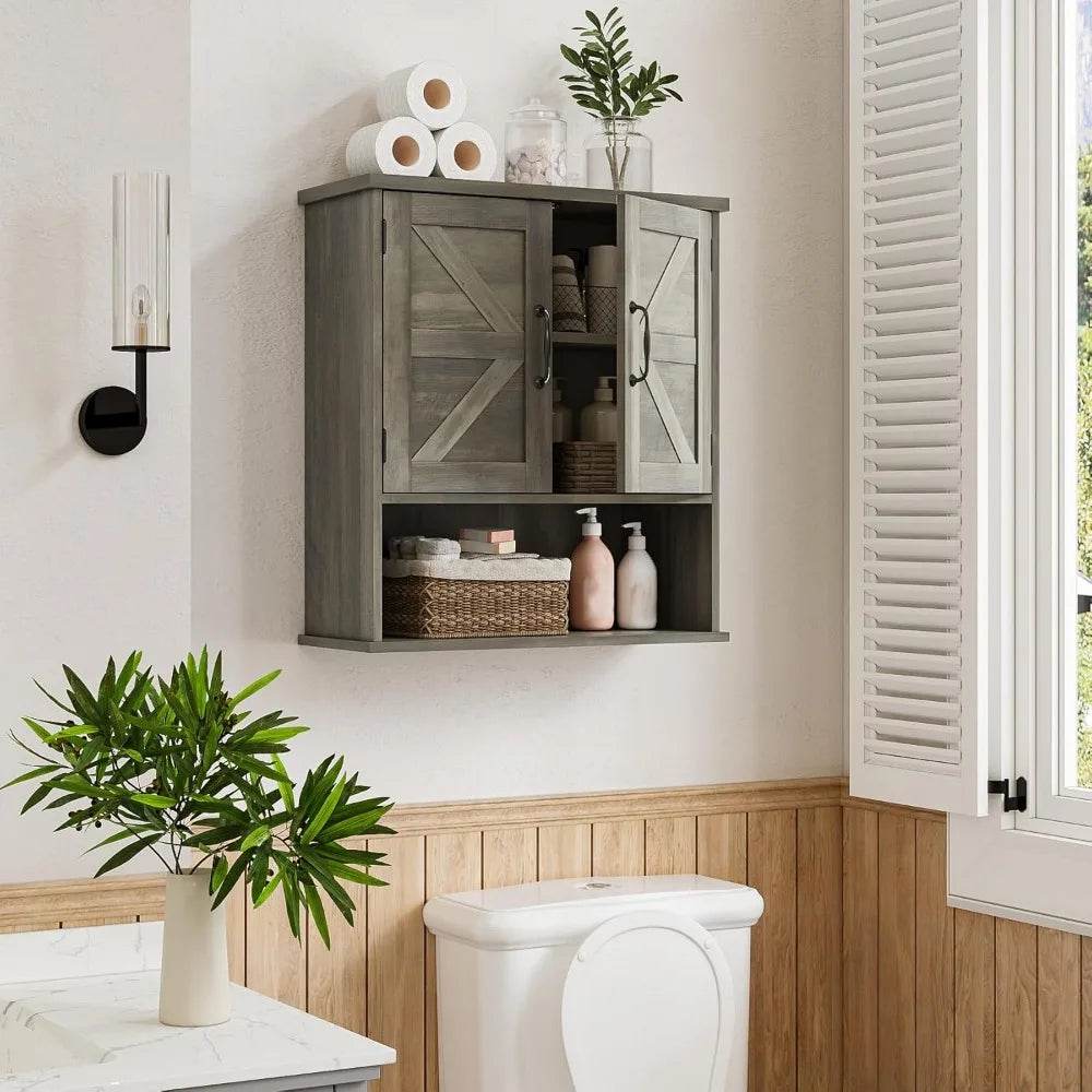 Farmhouse Style Wall-Mounted Bathroom Cabinet with Adjustable Shelves and Barn Door Design - Loft&Timber