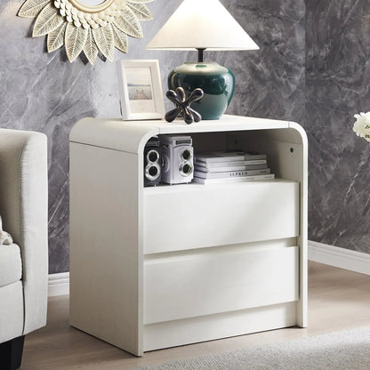 25" Tall Modern Nightstand with Charging Station,23.6'' Wide Wood Bedside Table w/2 Storage Drawers, Large Mid Century End Table