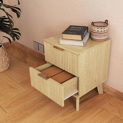 Fluted Nightstands, Mid Century Modern Drawer Dresser for Bedroom, Small Night Stand Side Table End Table with Wood D