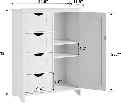 Bathroom Storage Cabinet, Floor Cabinet with 4 Drawers and 1 Adjustable Shelf (White) - Loft&Timber
