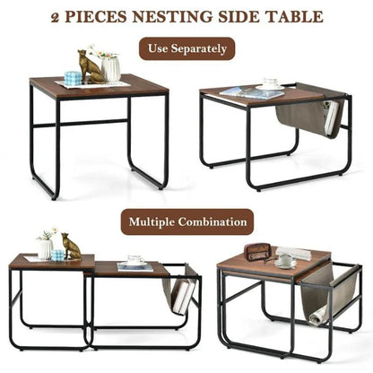 Set of 2 Nesting Coffee Tables with Side Pocket for Living Room Bedroom - Loft&Timber