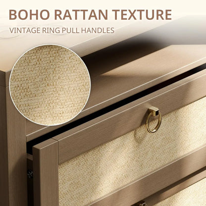 23.6" Rattan Night Stand Set of 2, Boho Nightstands with Charging Station, 2 Drawers and Strage Shelf, Large Night Stand
