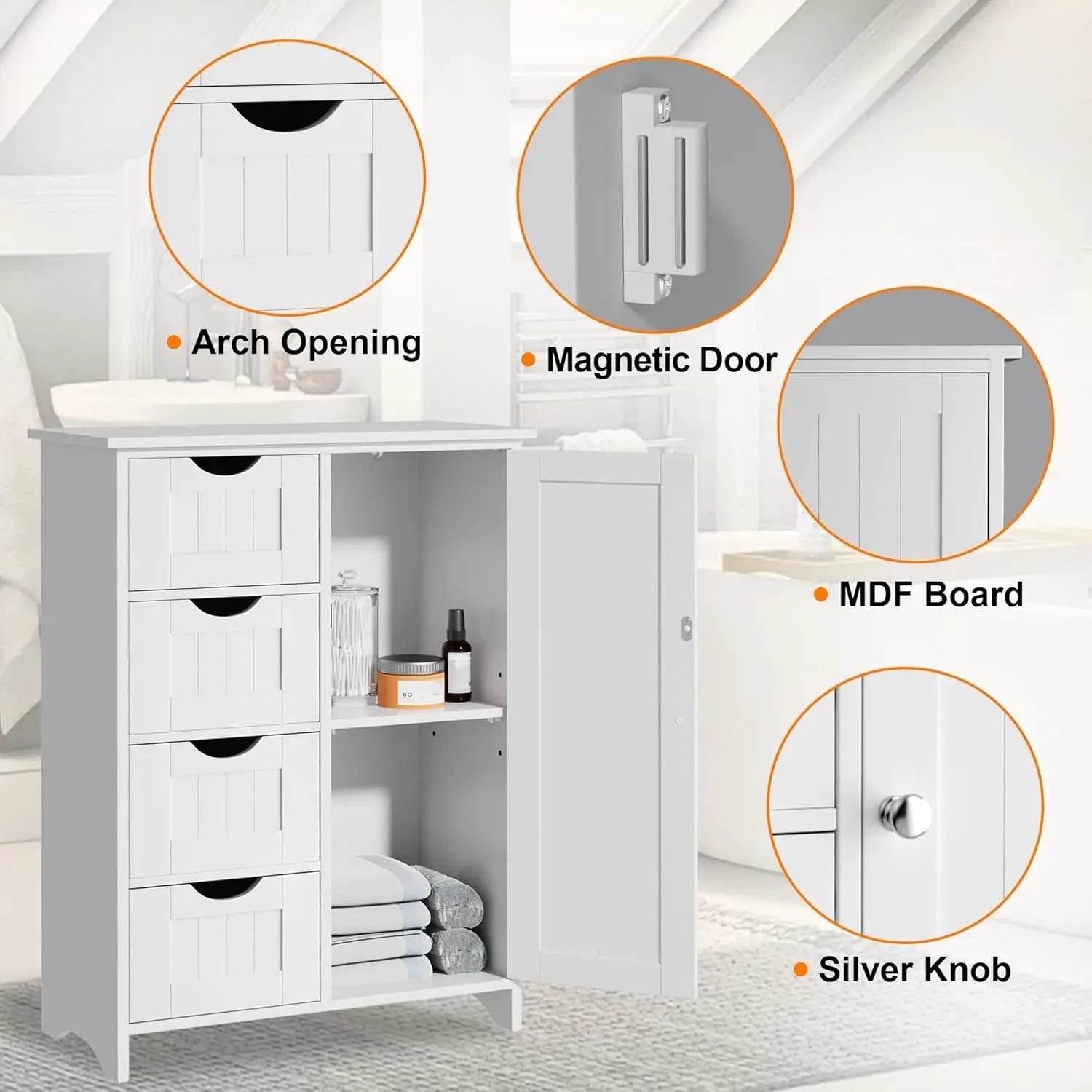 Bathroom Storage Cabinet, Floor Cabinet with 4 Drawers and 1 Adjustable Shelf (White) - Loft&Timber