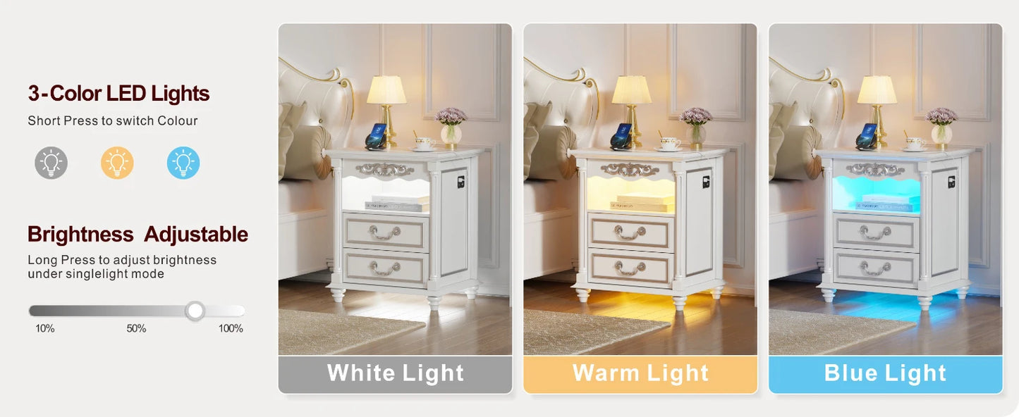JDPAG Farmhouse Nightstand with Gun Drawer, 20" Vintage Bedside Table with LED Lights & Charging Station