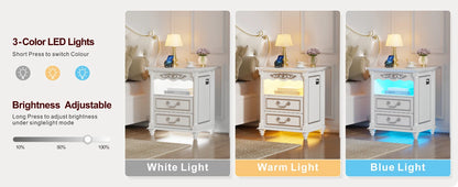 JDPAG Farmhouse Nightstand with Gun Drawer, 20" Vintage Bedside Table with LED Lights & Charging Station