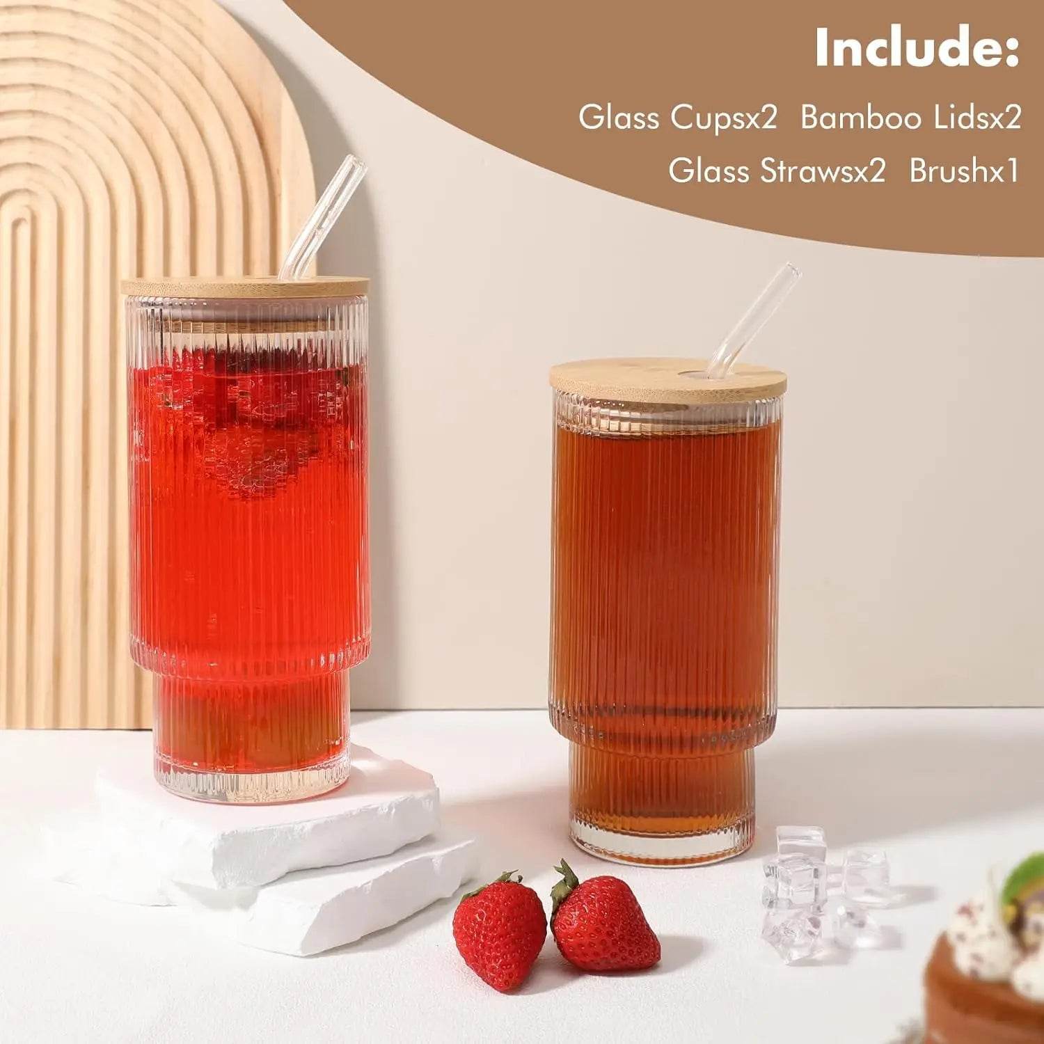 Glass Cups with Bamboo Lids and Straws - 16 oz Iced Coffee Cups - Loft&Timber