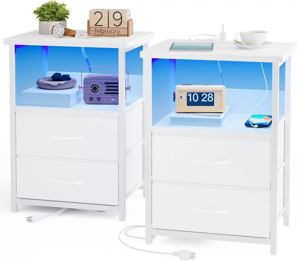 Nightstand Set of 2 Night Stand with Charging Station, LED Nightstand with Fabric Drawers, End Table with PU Finish, Bed Side Ta