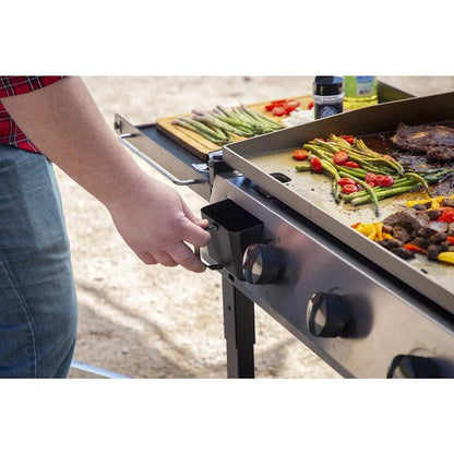 Four Burner Liquid Propane Gas Grill with Foldable Side Shelves, 36-Inch Flat Top Griddle, Fitted Cover, Deluxe Black - Loft&Timber