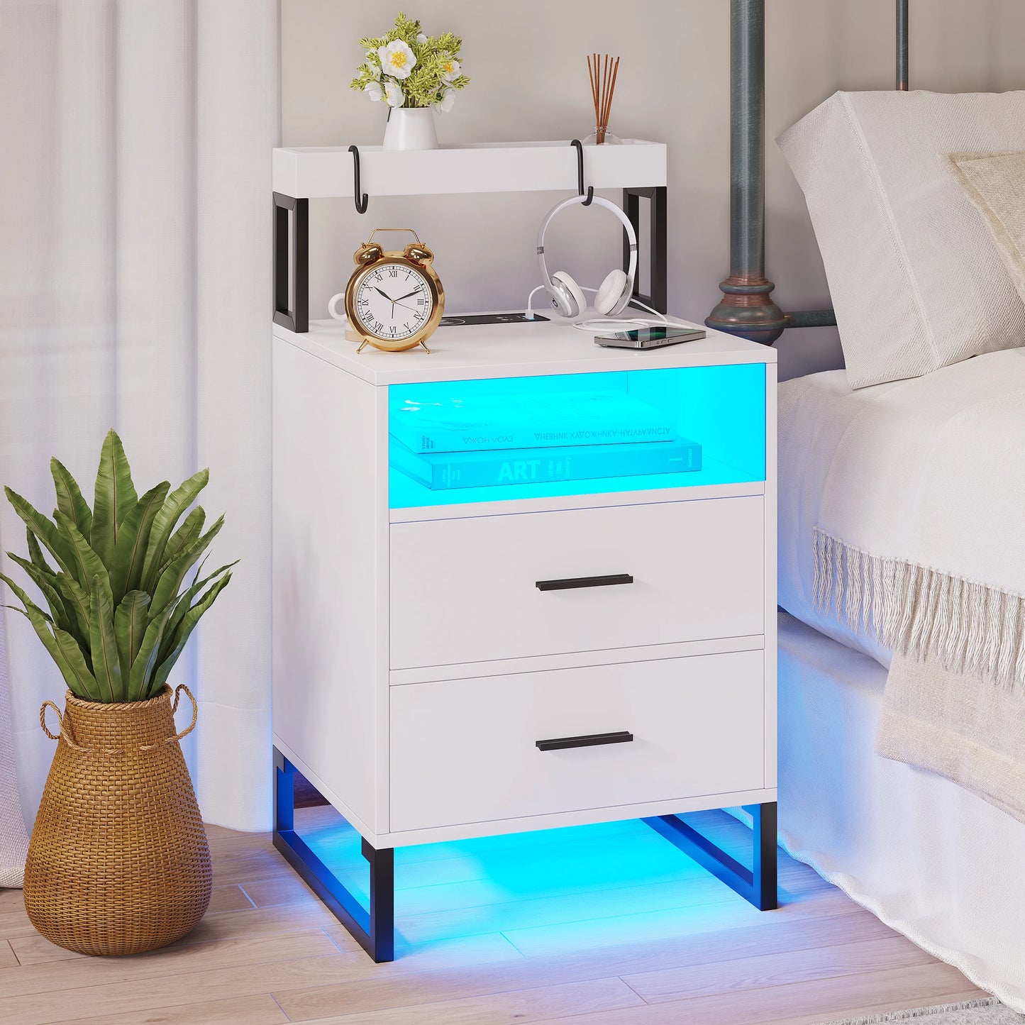 JDPAG  Auto LED Nightstand with Wireless Charging Station & USB Ports,High Gloss Bedside Tables with 2 Drawers