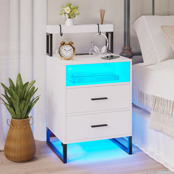 JDPAG  Auto LED Nightstand with Wireless Charging Station & USB Ports,High Gloss Bedside Tables with 2 Drawers