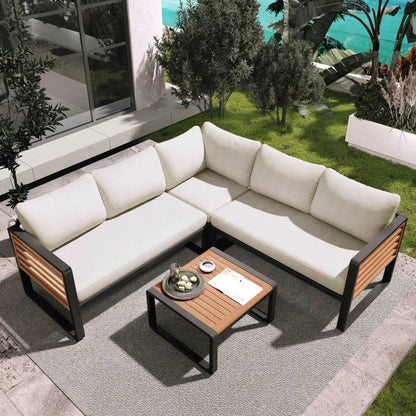 GO 4 Pieces Outdoor Patio Set Metal and Wood Frame Sectional with Soft Cushions & Coffee Table - Loft&Timber
