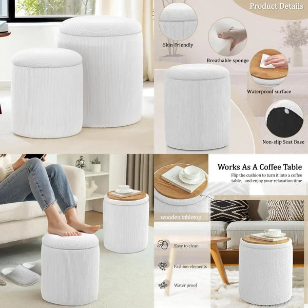 YSICK Round Ottoman with Storage, Set of 2, Small Vanity Stool as Vanity Chair, Corduroy Ottoman Foot Rest for Small Space, Livi