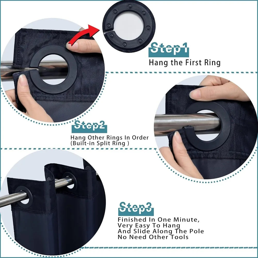 extra wide no hook shower curtain with snap in liner set, 108" x 74" hotel luxury black shower curtains