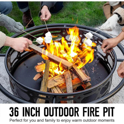 Outdoor Wood Burning Firepit with Removable Grill & Poker, Heavy Duty Metal Round Fireplace,2 in 1 Large Round Fireplace - Loft&Timber