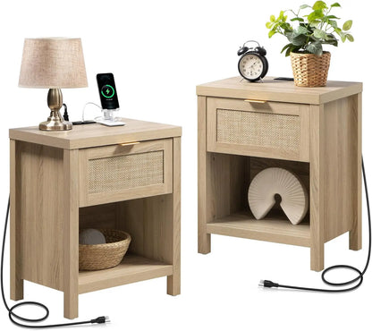 Rattan Nightstands Set of 2 - Farmhouse Night Stand with Drawer and Storage Shelf - Boho Bedside Table End Side Table