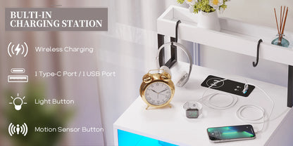 JDPAG  Auto LED Nightstand with Wireless Charging Station & USB Ports,High Gloss Bedside Tables with 2 Drawers