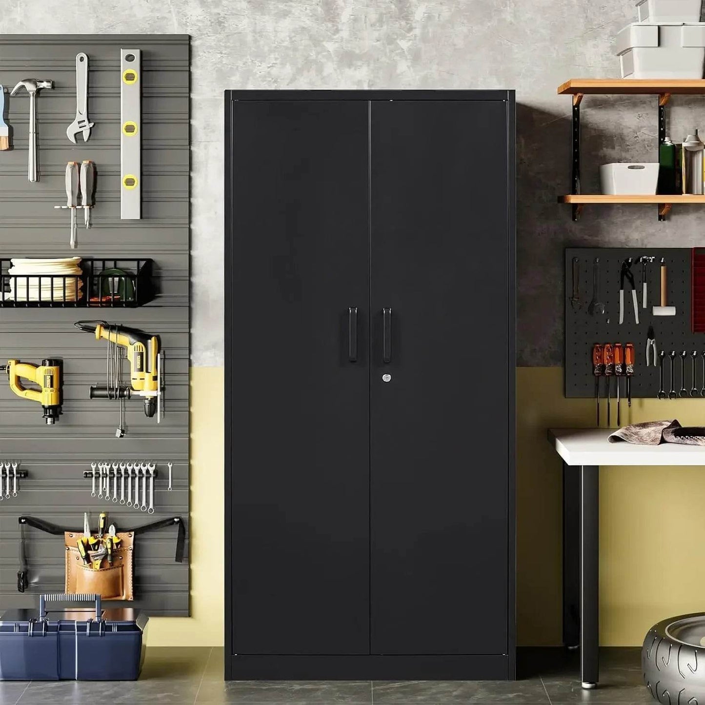 Garage Storage Cabinet with 2 Lockable Doors, 5 Adjustable Shelves - Loft&Timber