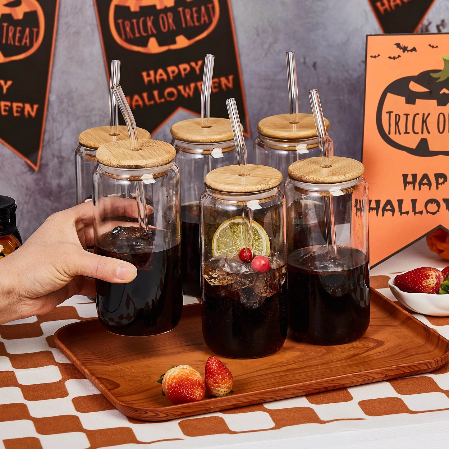 6pcs 18.6oz/550ml Drinking Glasses with Bamboo Lids and Glass Straw - Loft&Timber