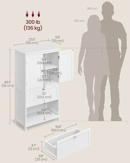 Bathroom Floor Storage Cabinet, Bathroom Storage Unit, Freestanding Cabinet with 2 Drawers and 2 Doors, Adjustable Shelf - Loft&Timber