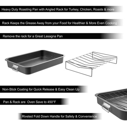 Heavy Duty Carbon Steel Roasting Pan with Removable Angled Rack - Loft&Timber