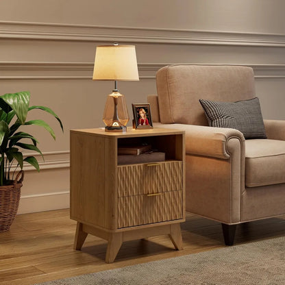 18" Fluted Nightstand - Modern Bedside Table with Charging Station & Storage Drawers
