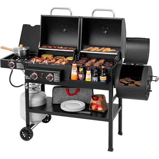 2-Burner Gas and Charcoal Combo Grill with Offset Smoker & Side Burner, 34,000 BTU Dual Fuel Grill, 1020 Sq. In. Cooking Area, I - Loft&Timber