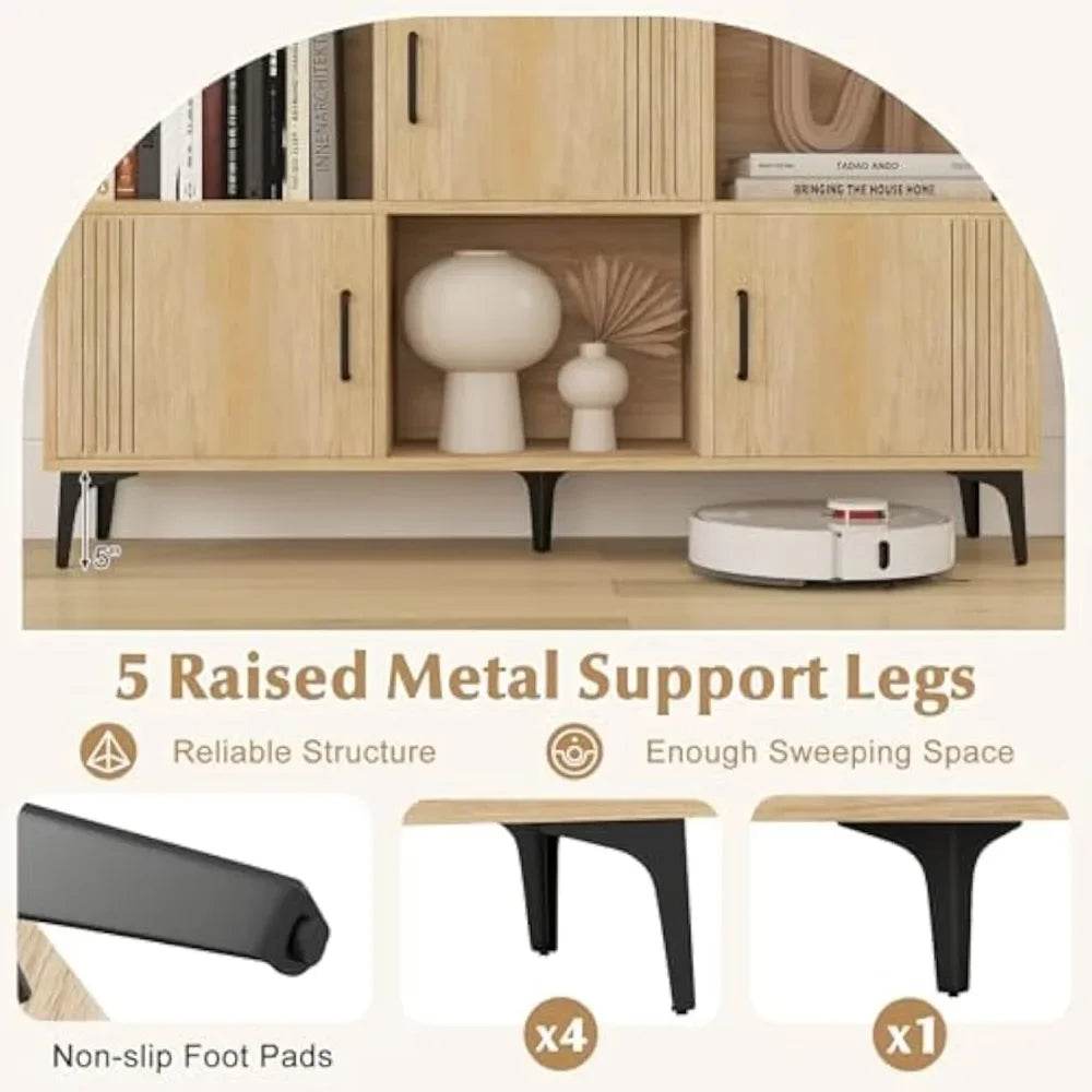 Sideboard with 3 Doors, 3 Open Compartments, Bookcase with 5 Raised Metal Legs - Loft&Timber