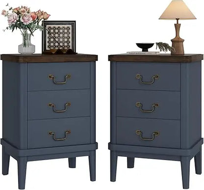 Farmhouse Nightstand with 3 Drawers，Modern Bedside Table with Round Curved Corner and Metal Handles, Wood End Side Table for Li