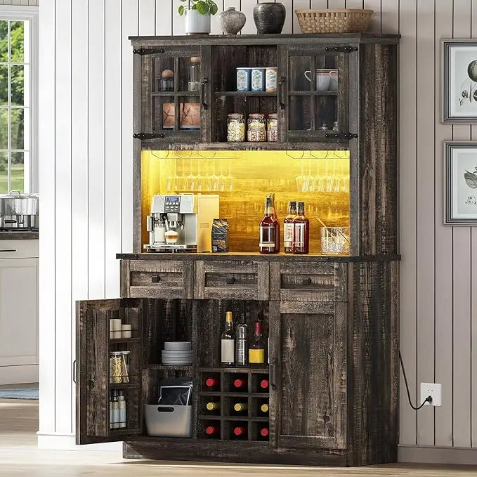 Coffee Bar Cabinet with Power Outlet/Lights, 72" Pantry wers, Tall Liquor Cabin - Loft&Timber