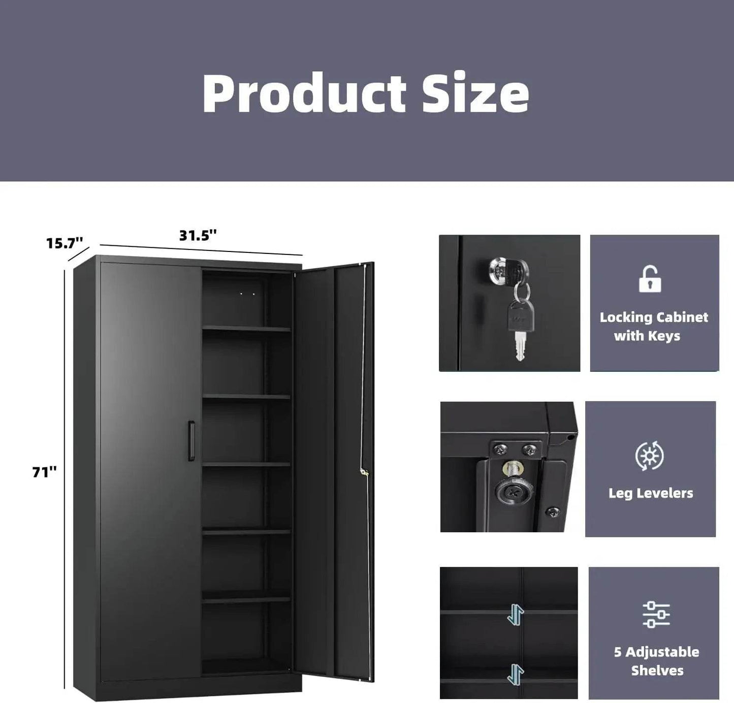 Garage Storage Cabinet with 2 Lockable Doors, 5 Adjustable Shelves - Loft&Timber