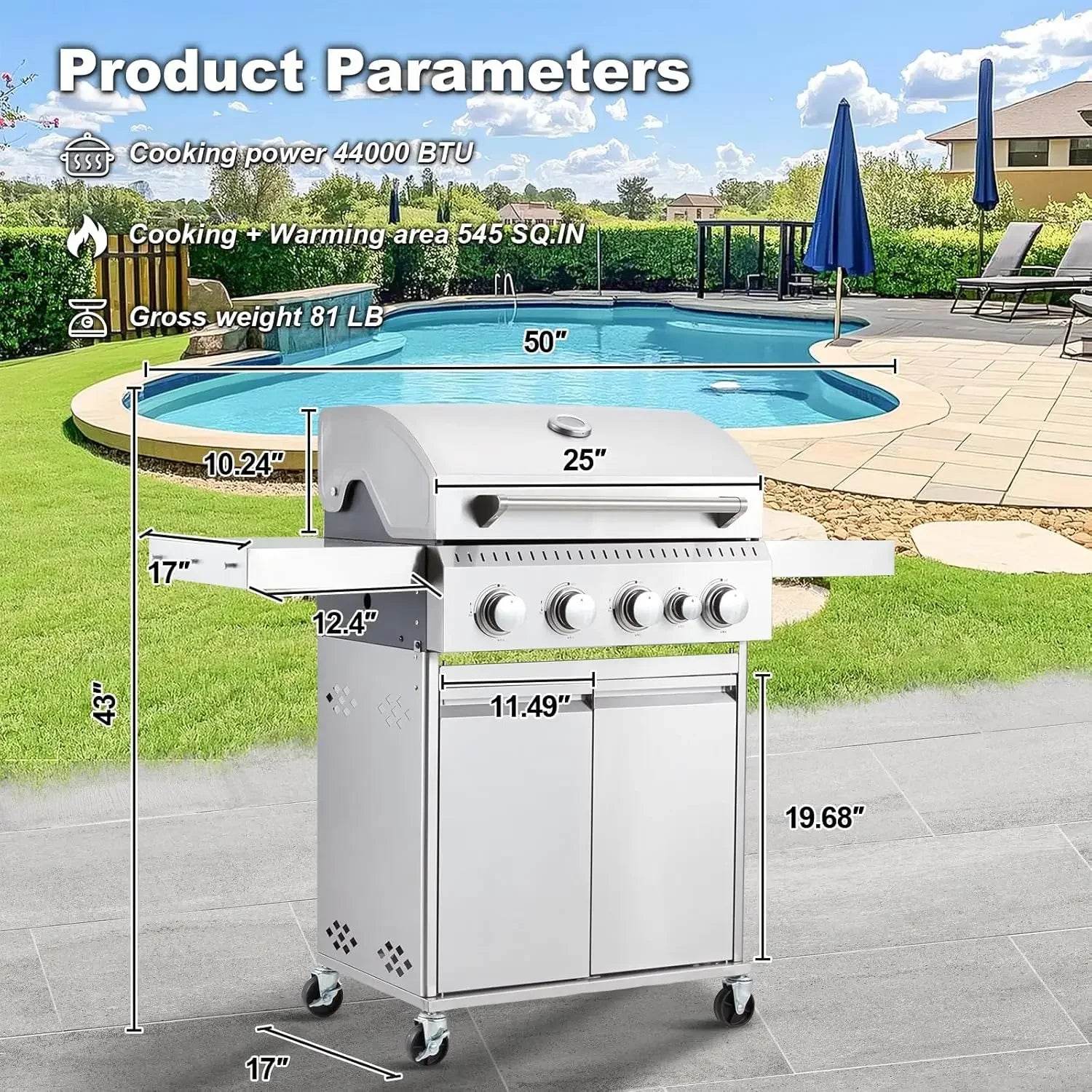 Stainless Steel 4 Burner BBQ Propane Gas Grill with Cast Iron Grates & Side Stove, Stainless Steel 44000 BTU Burner - Loft&Timber