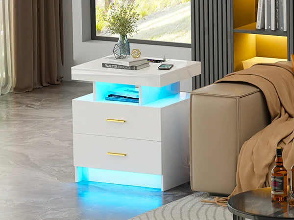 JDPAG LED Nightstand with Wireless Charging Station,Black Night Stand with 2 Drawers,Glass Top Smart Bedside Table