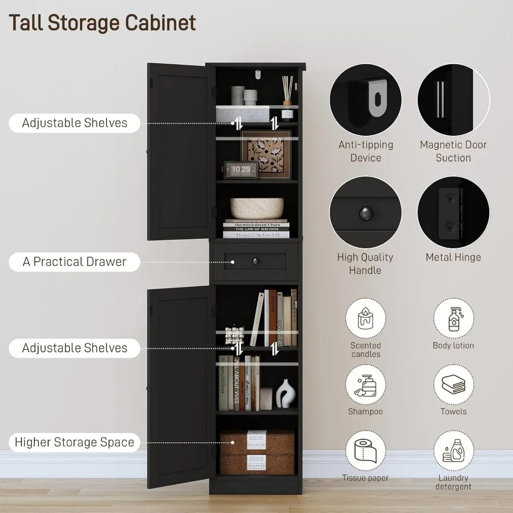 67" h tall bathroom cabinet, narrow storage cabinet with 2 barn doors and 1 drawer, freestanding floor cabinets with 6 shelves