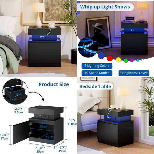 Contemporary black nightstand with charging port and flip-top design - Loft&Timber