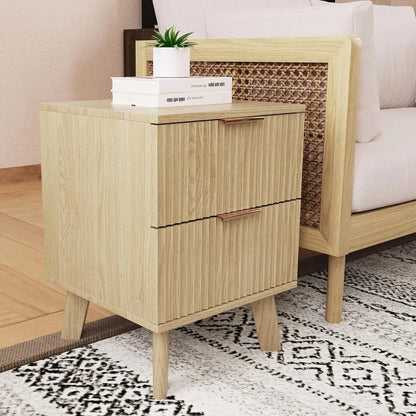 Fluted Nightstands, Mid Century Modern Drawer Dresser for Bedroom, Small Night Stand Side Table End Table with Wood D