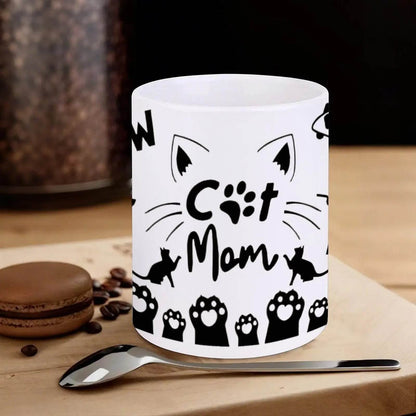 Silhouette Of A Cat's Paw Prints With The Words Meow Cat Mom Meow White Ceramic Sublimation Cups, 11oz Mugs - Loft&Timber