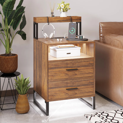 JDPAG  Auto LED Nightstand with Wireless Charging Station & USB Ports,High Gloss Bedside Tables with 2 Drawers