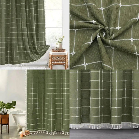 green boho farmhouse shower curtain with tassels
