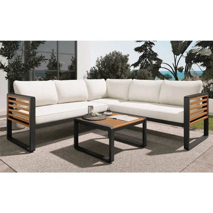 GO 4 Pieces Outdoor Patio Set Metal and Wood Frame Sectional with Soft Cushions & Coffee Table - Loft&Timber