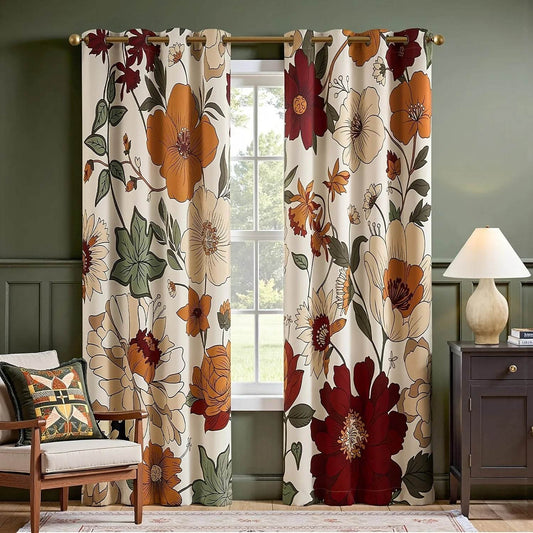 Floral Blackout Drapes Vintage Flower Patterned Curtains, 2 Panels Set with Grommet Beige