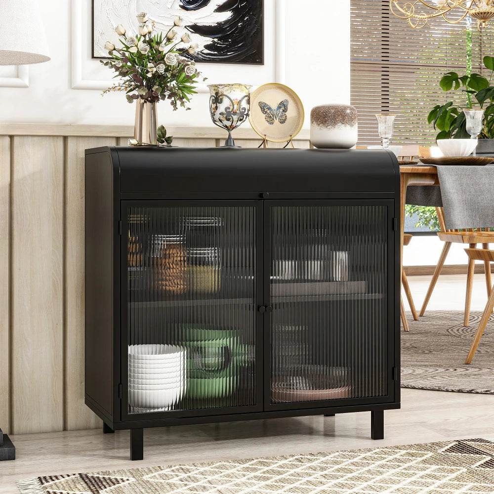 Flip Top Sideboard Buffet Cabinet with Tempered Glass Doors and Inner Shelves - Loft&Timber