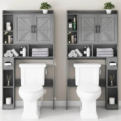 Farmhouse Style Over-the-Toilet Storage Cabinet with Dual Barn Doors, Toilet Paper Holder, and Space-Saving Design for Bathroom - Loft&Timber
