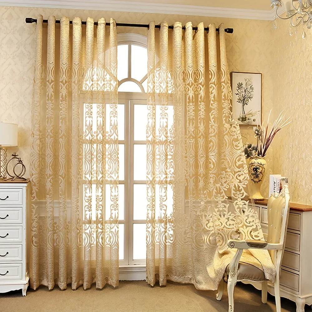 2pcs Luxury European Style Embroidered Curtain, Hollow Lace in Golden - Loft&Timber