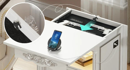 JDPAG Farmhouse Nightstand with Gun Drawer, 20" Vintage Bedside Table with LED Lights & Charging Station
