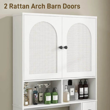 Over-the-Toilet Rattan Storage Cabinet with Double Doors and Toilet Paper Stand, Freestanding - Loft&Timber