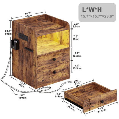 LIKIMIO Nightstand with LED, Charging Station & USB Ports, Night Table with 2 Drawers and Open Shelf, Adjustable Light, Vintage